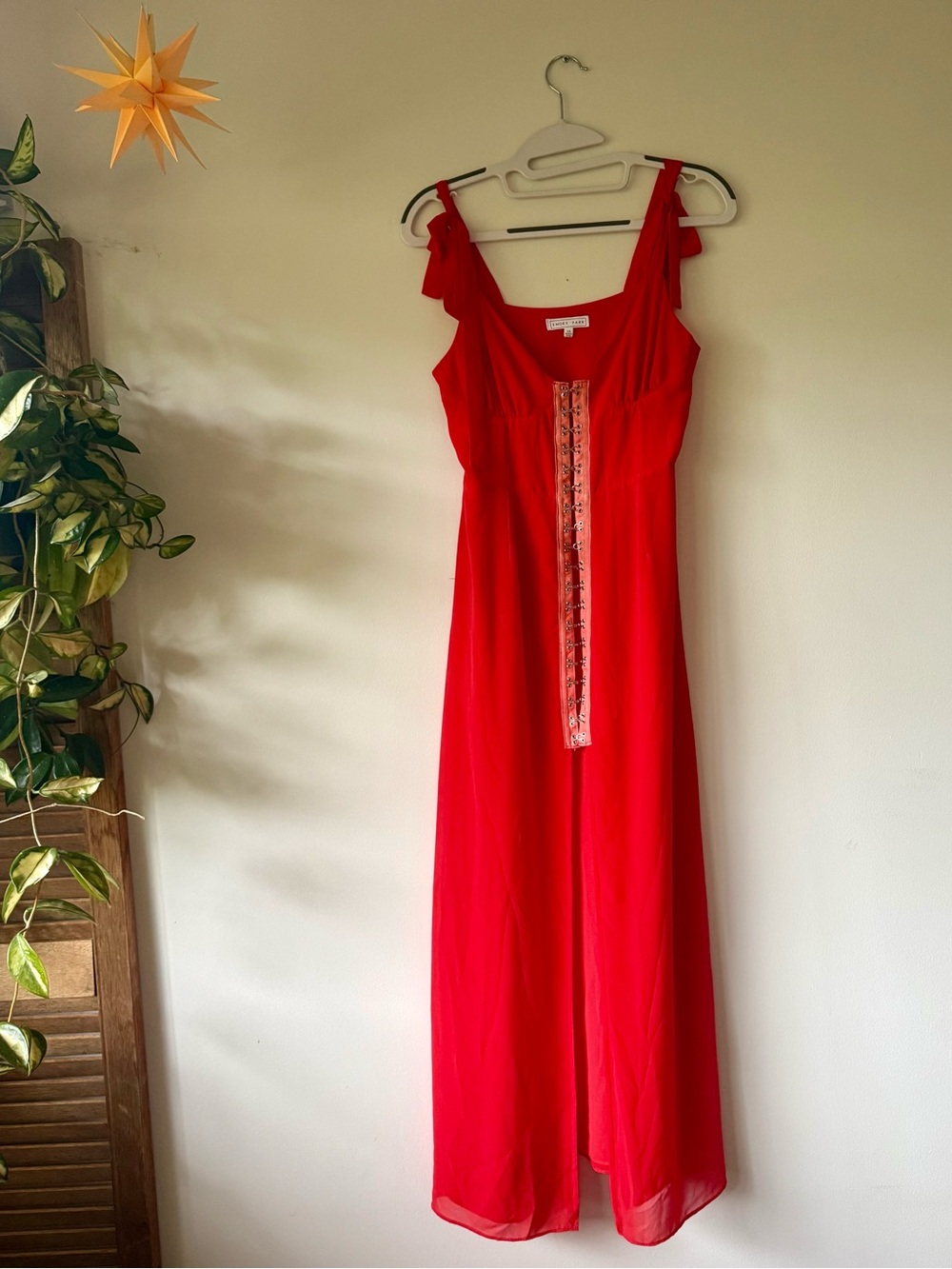 emory park Vibrant Red Midi Dress with Embroidered Front Tie